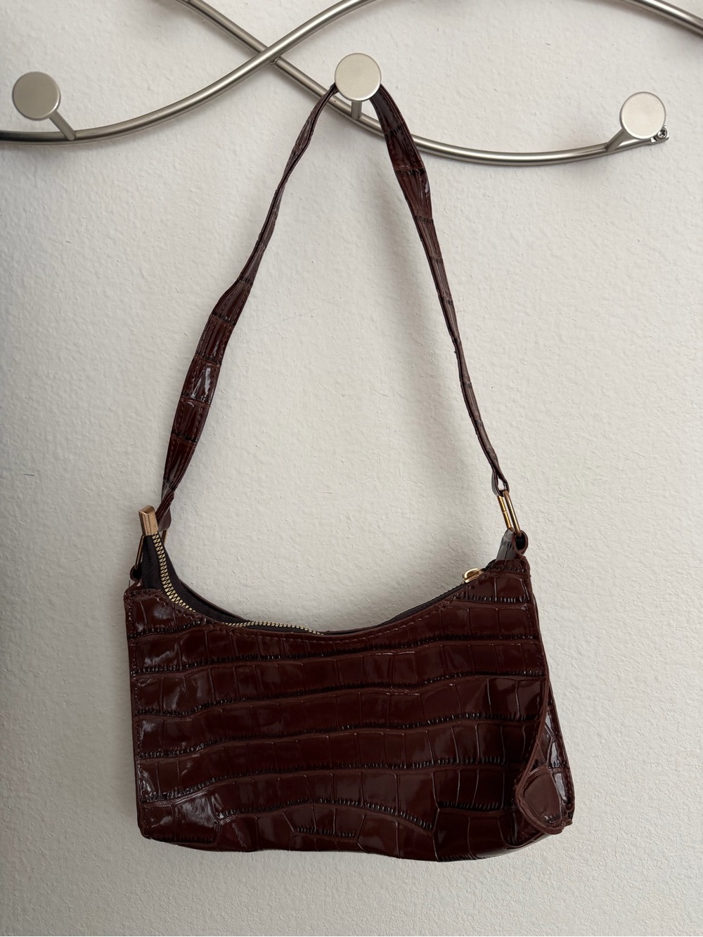 Croc-Embossed Dark Brown Shoulder Bag with Gold Hardware